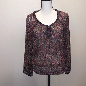 Decree Navy Floral Boho Long Sleeve Button Drawstring Blouson Top